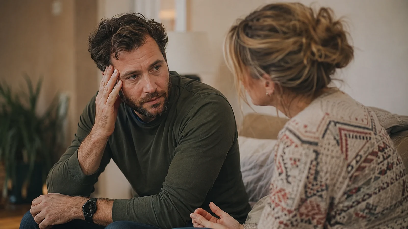 Man staying emotionally present during a charged conversation.