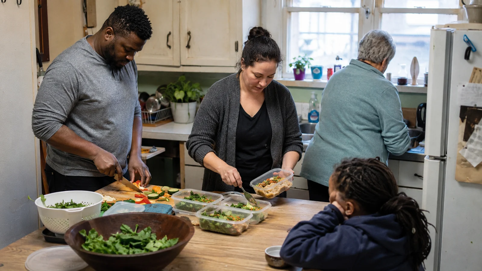A family preparing a practical healthy meal together in an ordinary kitchen.