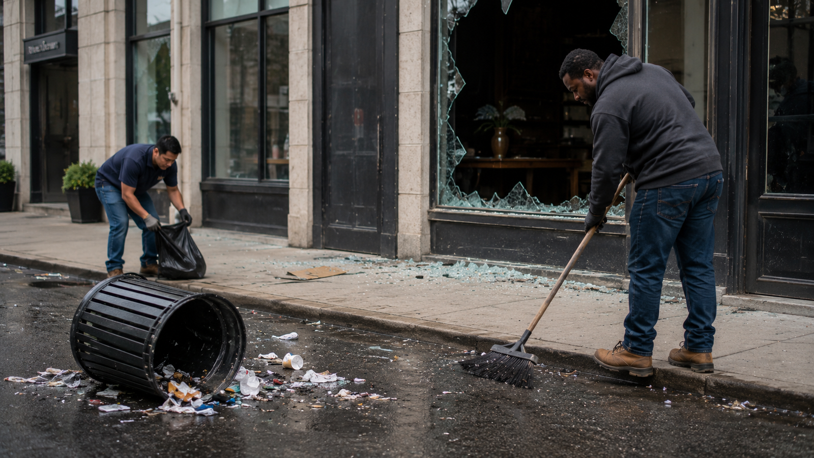 Two men clean debris from a damaged public street after destructive unrest.