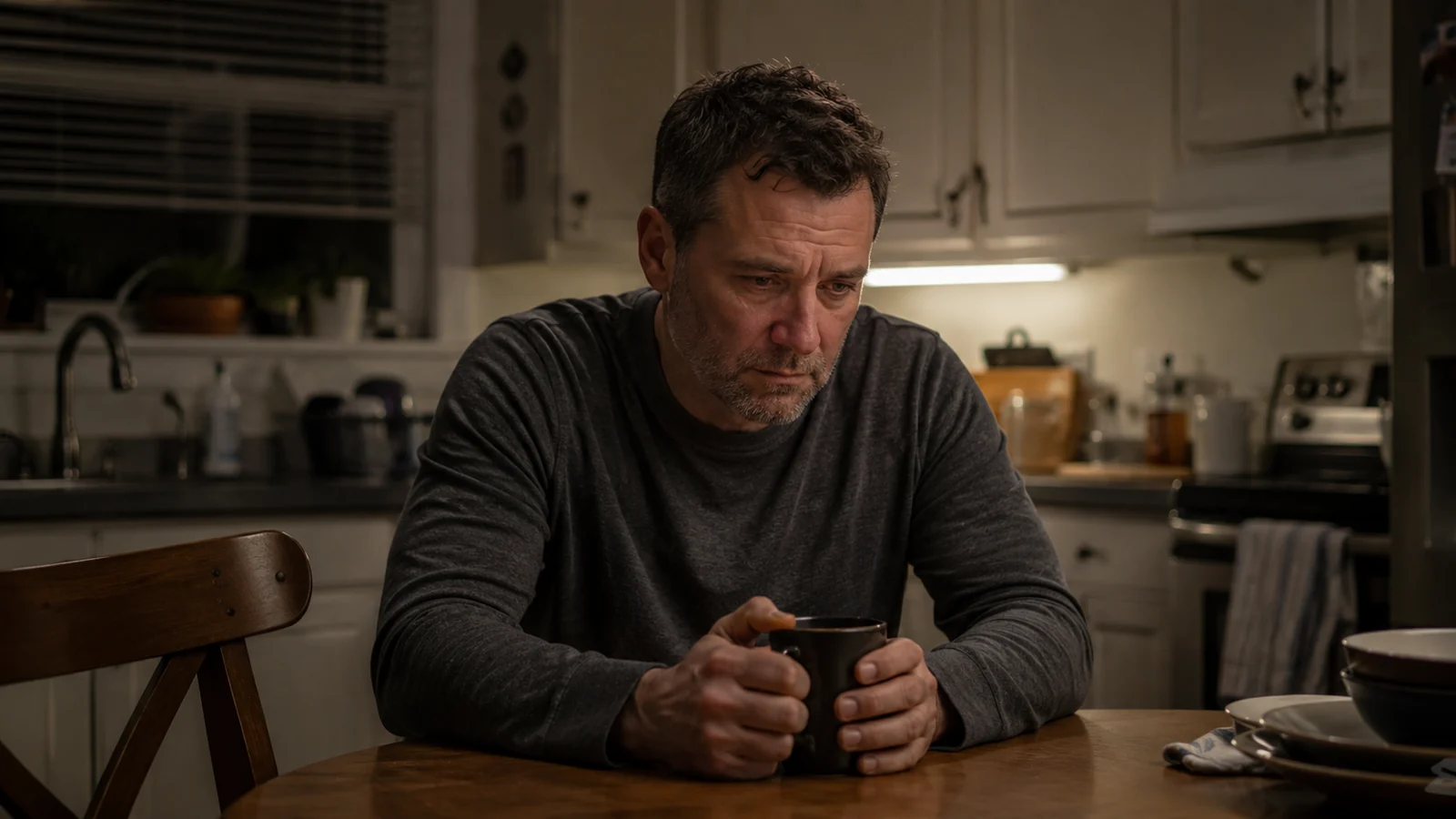 Man reflecting alone after an emotionally difficult interaction.
