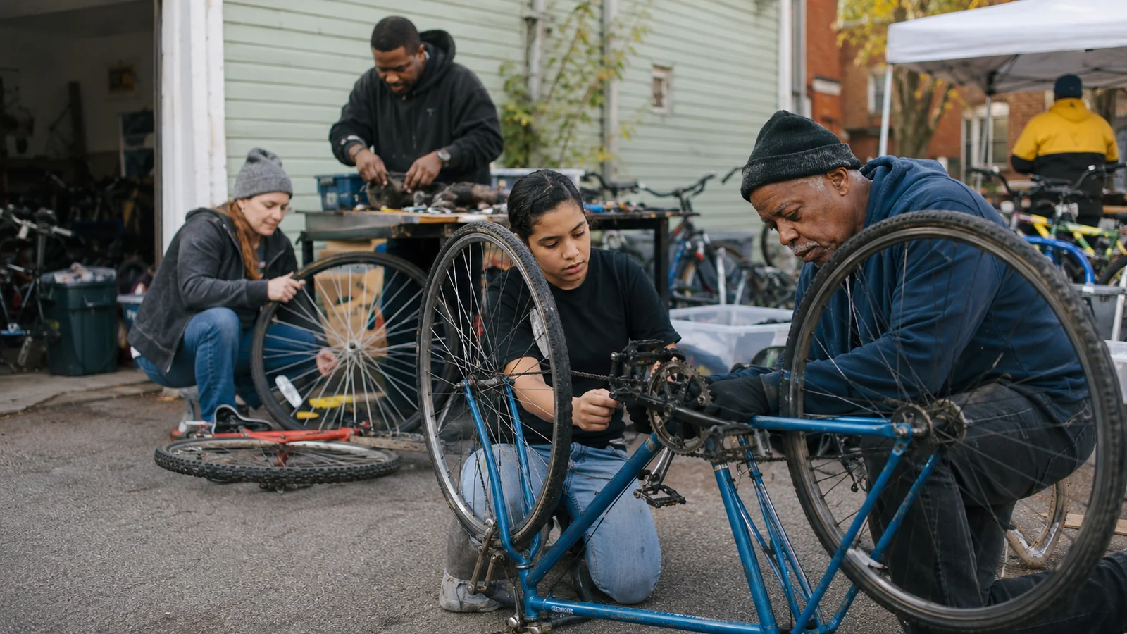 People repairing bicycles together at a neighborhood repair day.