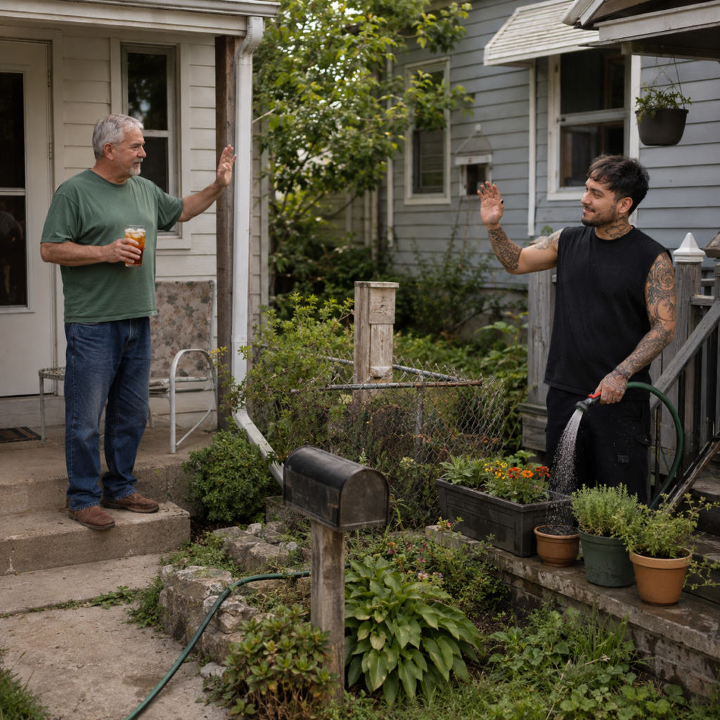 An older man and a younger tattooed neighbor greeting each other across a fence while one waters plants.