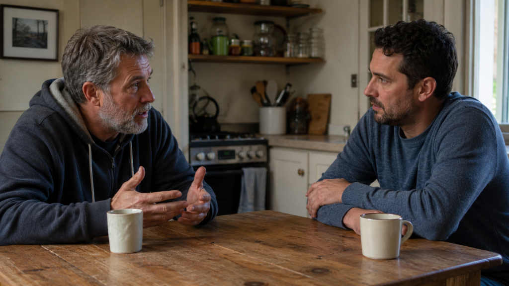 Two men with different perspectives having a serious but respectful conversation at a kitchen table.