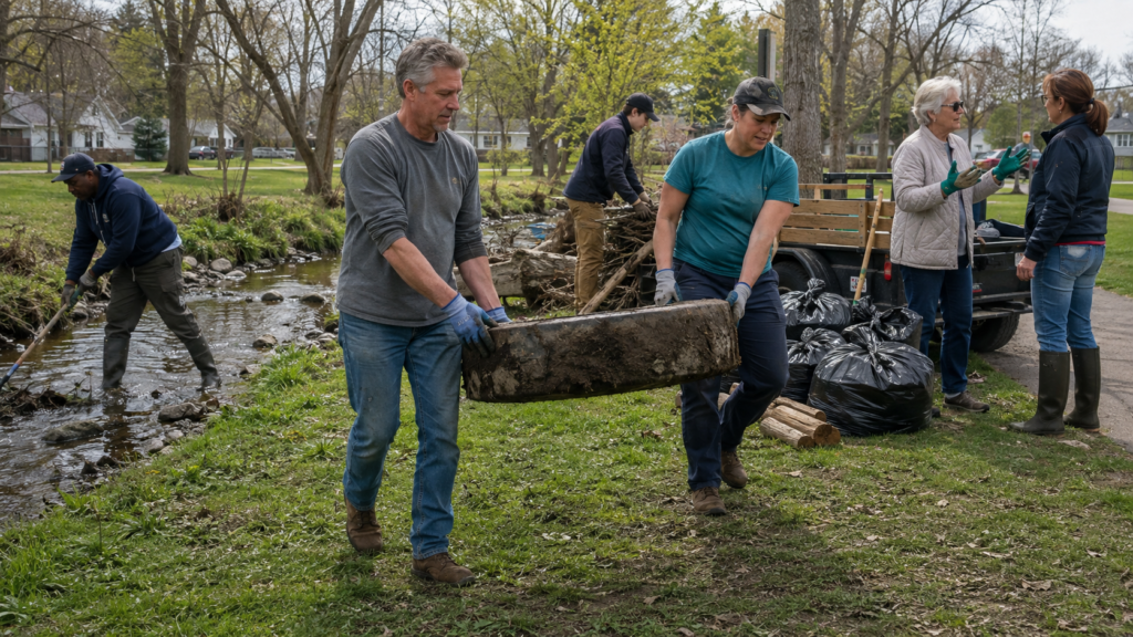 Middle-aged man working alongside other volunteers on a modest neighborhood improvement project