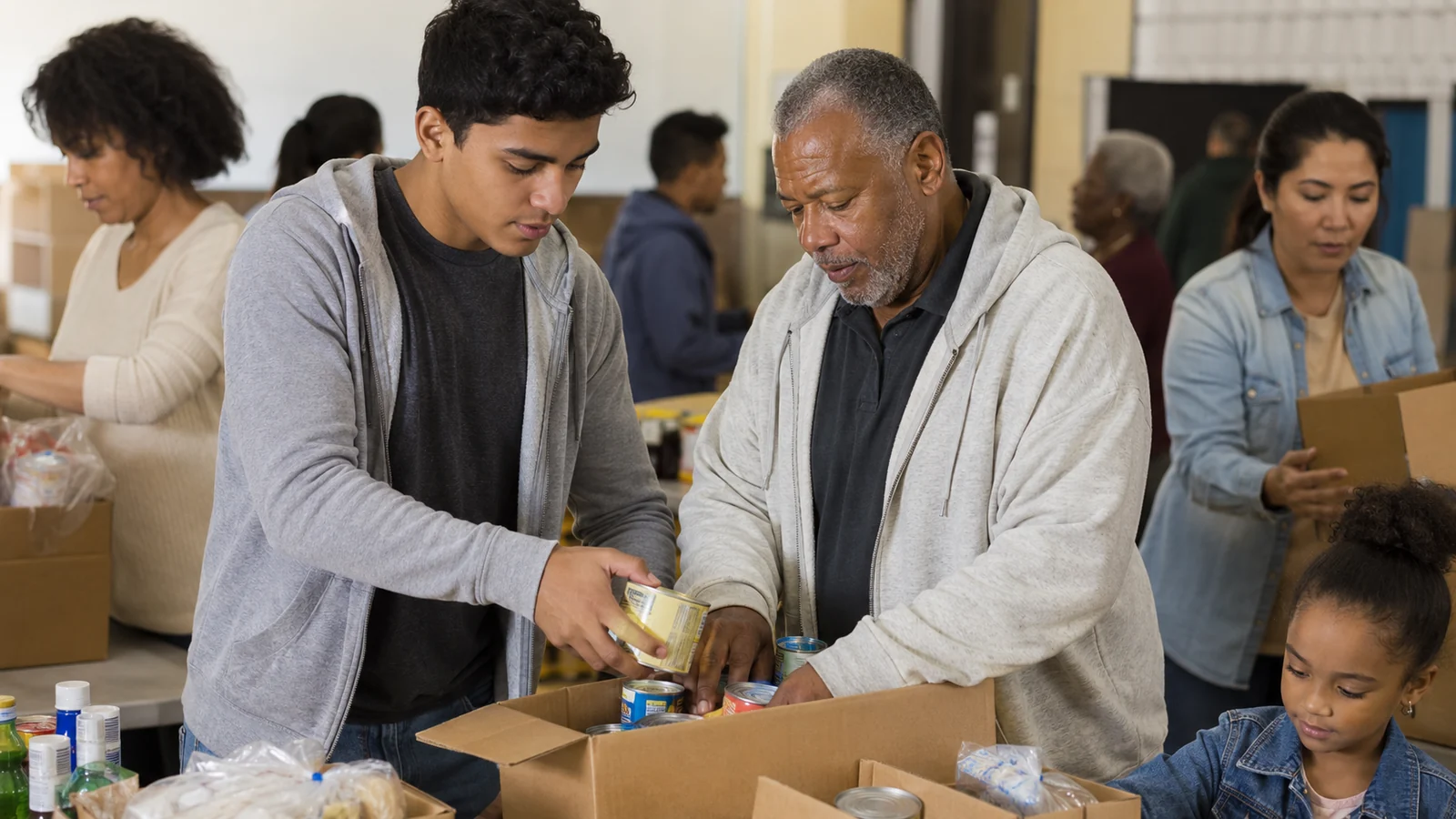 An older and younger man working together during a community project.