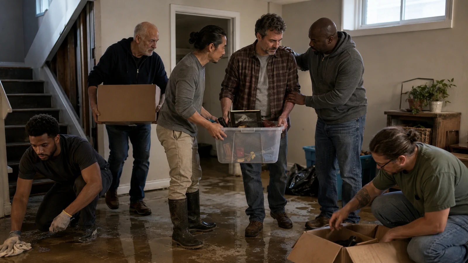Several men carrying boxes and helping a friend through a household move.
