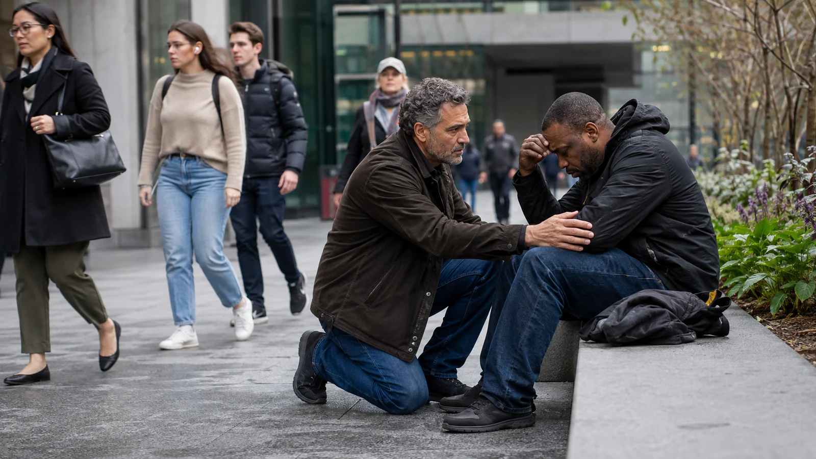 Ordinary man helping a distressed stranger in a public setting while others move around them.