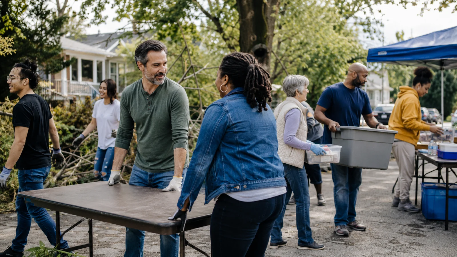 A man guiding a shared neighborhood task without dominating the group.