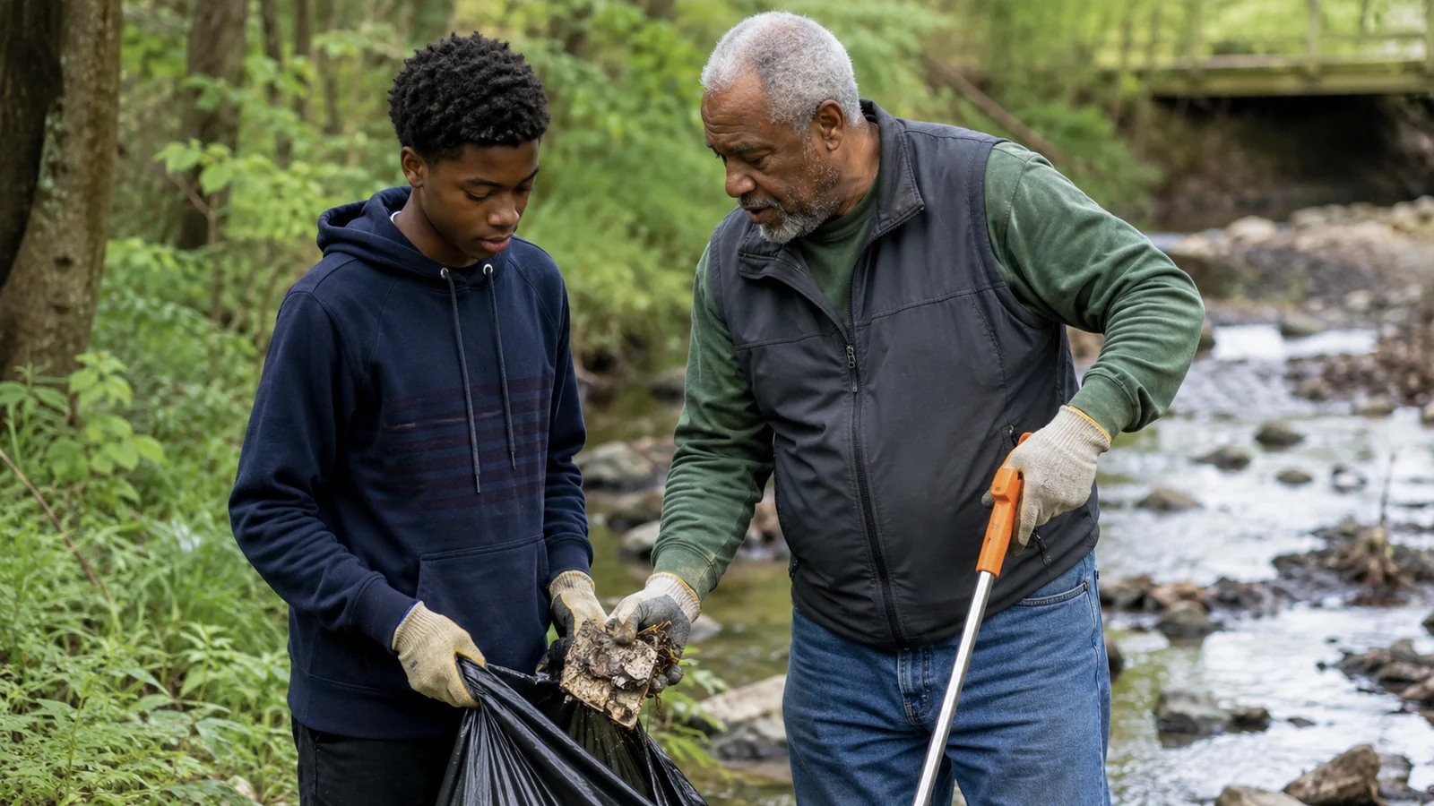 Older and younger person caring for a place or resource together.