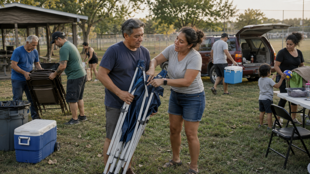 A multigenerational group cooperatively packing up equipment after a neighborhood event at a public park.