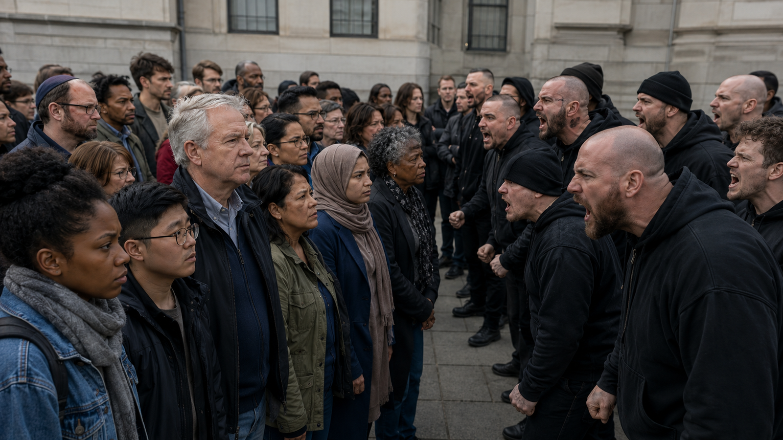 A diverse community stands face to face with an aggressive hate group in a tense public confrontation.