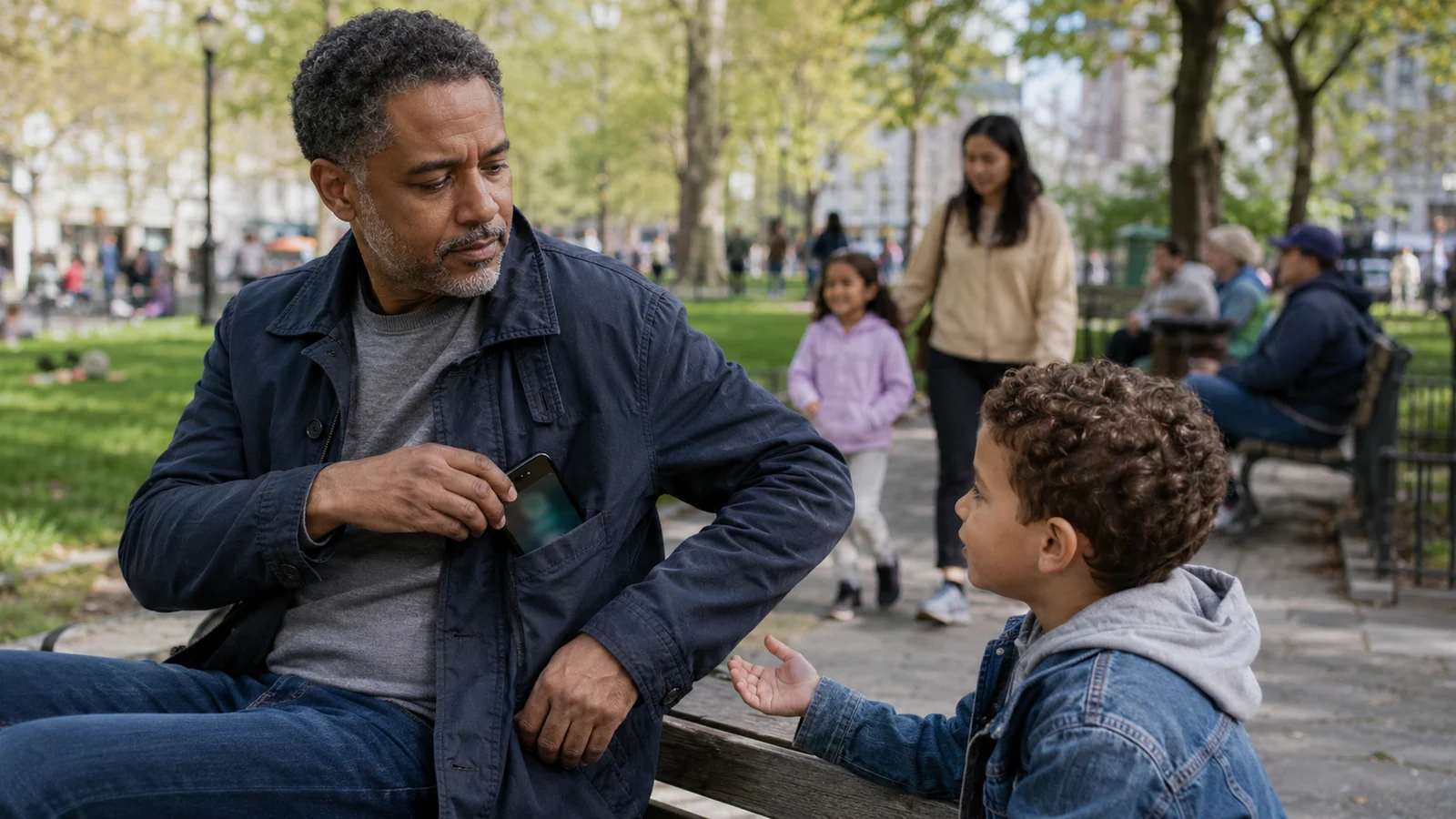 Man putting down an angry phone feed to re-engage with real life around him.