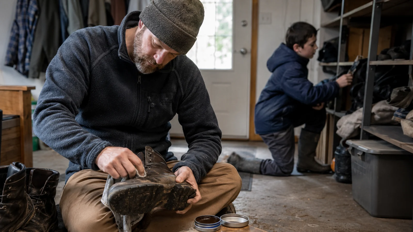A man cleaning and maintaining well-used boots in a modest workshop.