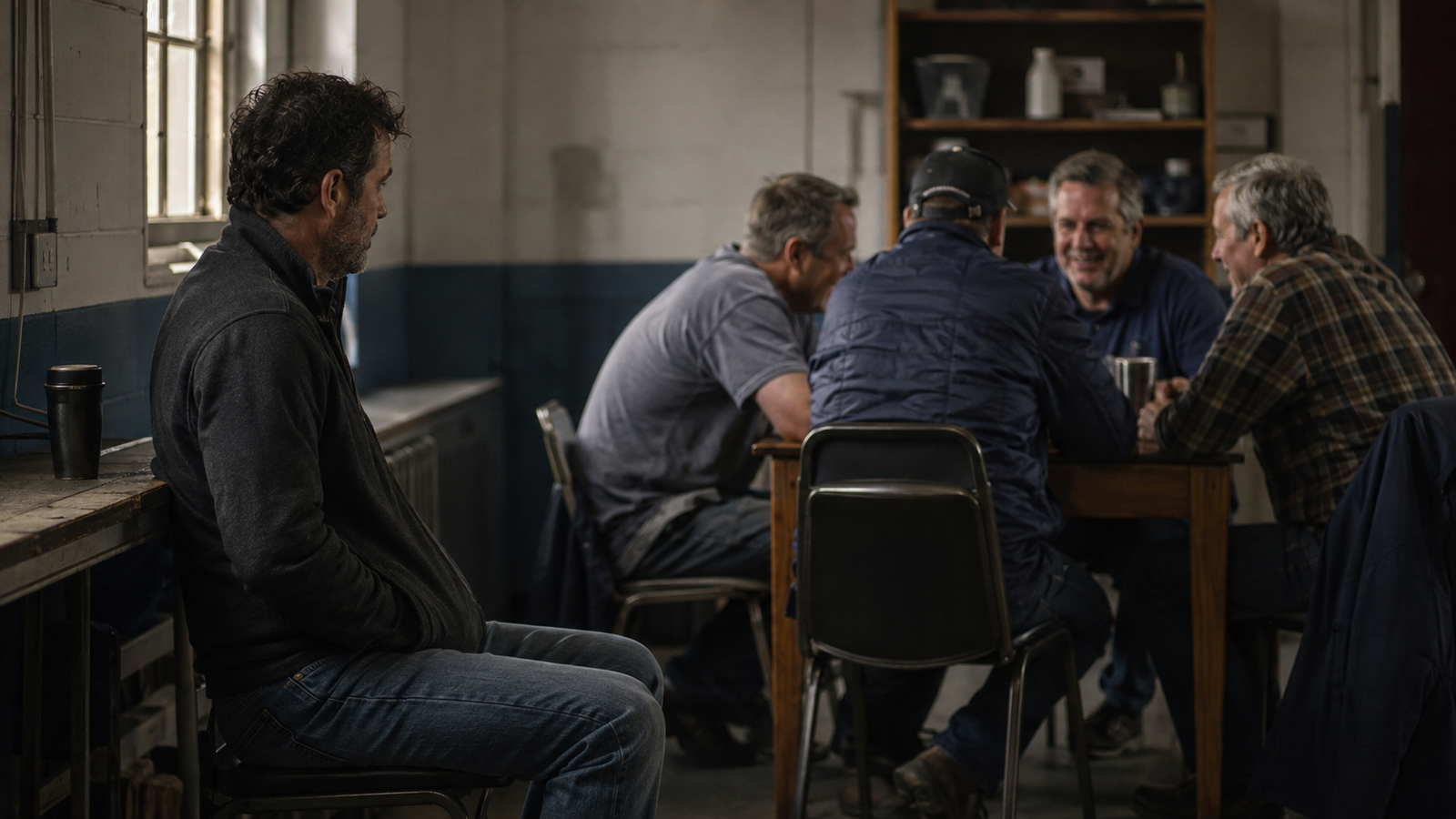A man sits apart from a closely connected group of men, watching from the edge of the room.